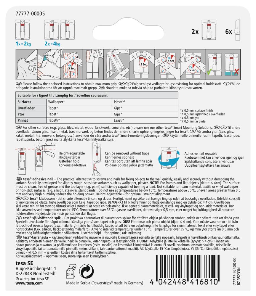 Tesa - Verstelbare zelfklevende spijker voor alle soorten muren (max 2x2kg)